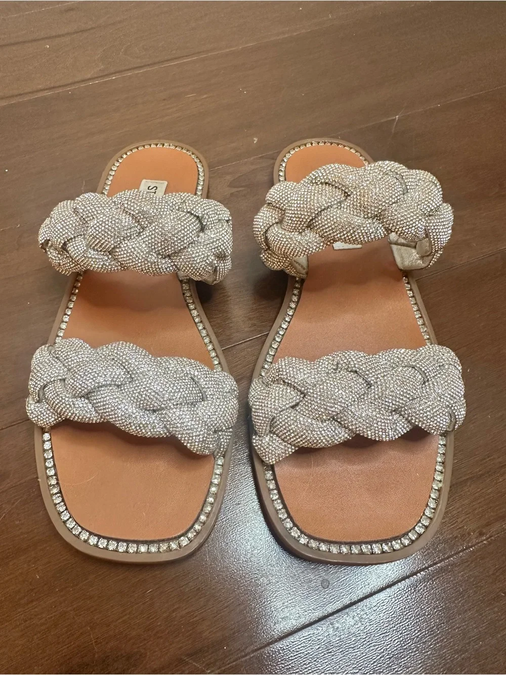 Steve Madden Braided Beaded Double-Strap Slide Sandals in Silver